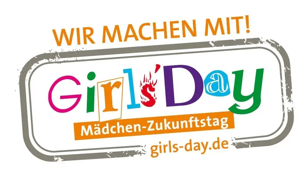Logo für den Girls' Day, mit dem Slogan "Wir machen mit!" und dem Zusatz "Mädchen-Zukunftstag". Die bunten Buchstaben betonen die Bedeutung des Tages für Mädchen. Die Webseite girls-day.de ist ebenfalls angegeben.