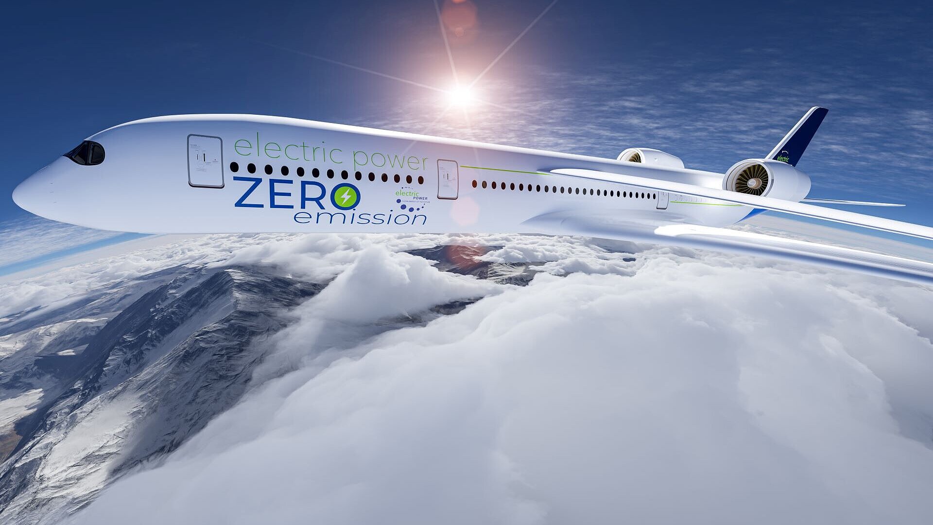 Emissionsfreier Flugverkehr E-Flugzeug über den Wolken
