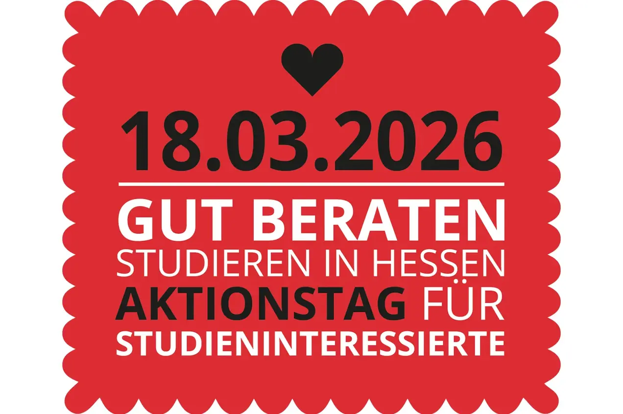 Rotes Logo mit dem Datum 18.03.2026. Der Text lautet: "Gut beraten studieren in Hessen – Aktionstag für Studieninteressierte". Das Design hat eine abgerundete Form und enthält ein Herzsymbol.