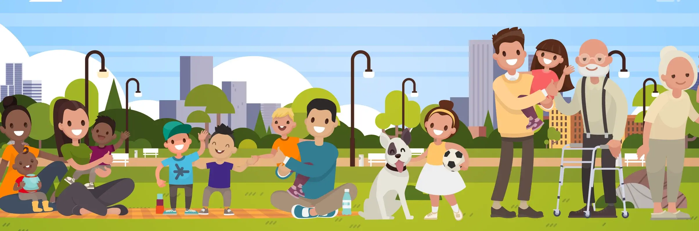 Familienbanner Ein Stadtpark im cartoon-stil mit mehreren Familien angehörigen die nebeneinander zum Betrachter lächeln.