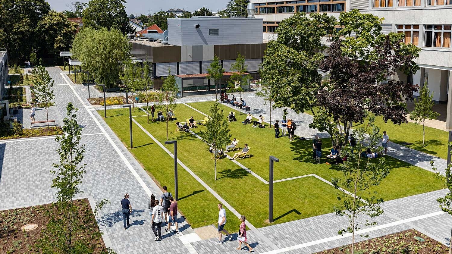 Neugestalteter Innenhof am Campus Rüsselsheim Blick von oben auf den grünen Innenhof am Campus Rüsselsheim