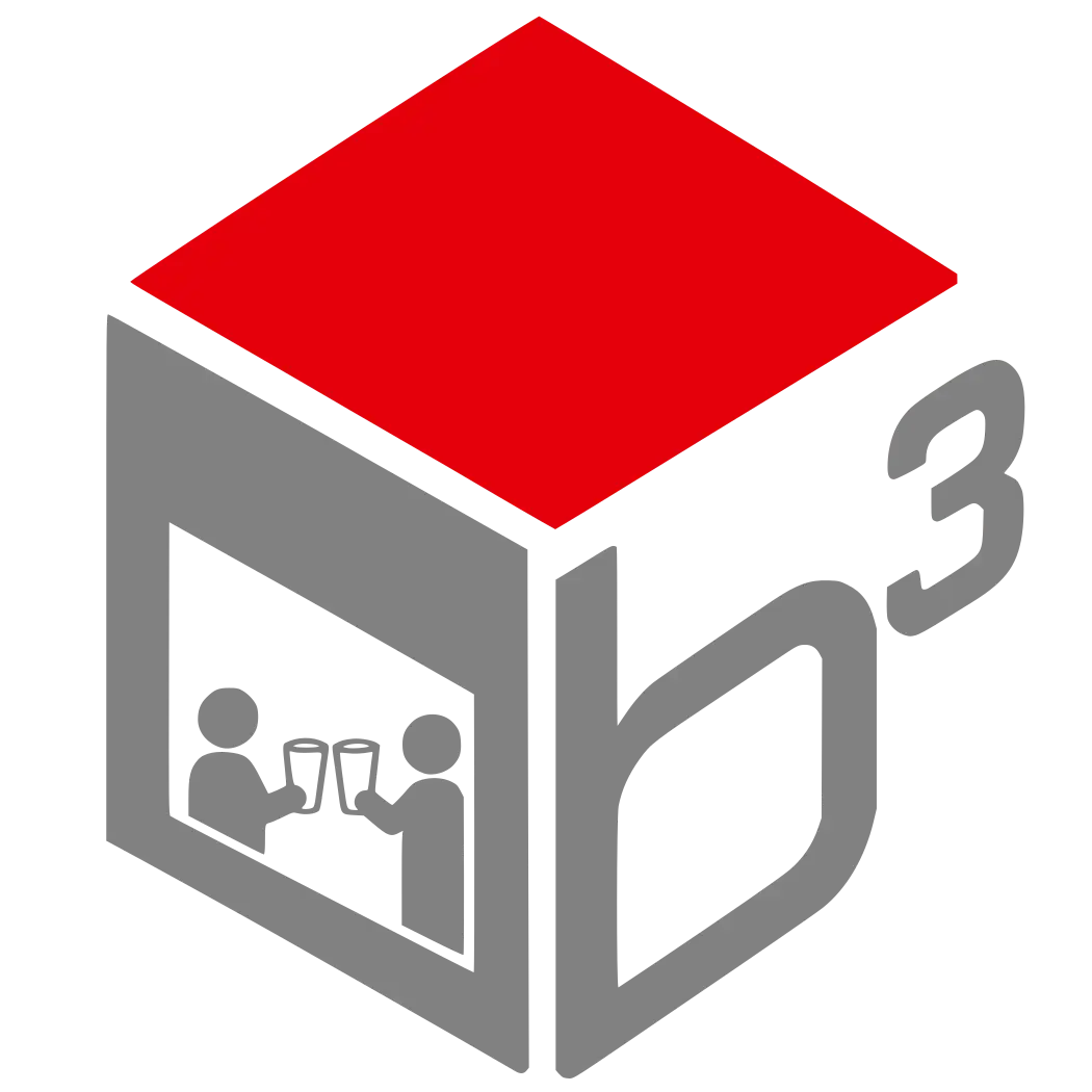 Das Bild zeigt ein stilisiertes, rot-graues Logo. Es besteht aus einem Würfel mit der Kennzeichnung „b³“ und einer grafischen Darstellung zweier Personen, die miteinander interagieren. Der Bezug vermittelt eine Botschaft von Kommunikation oder Zusammenarbeit.