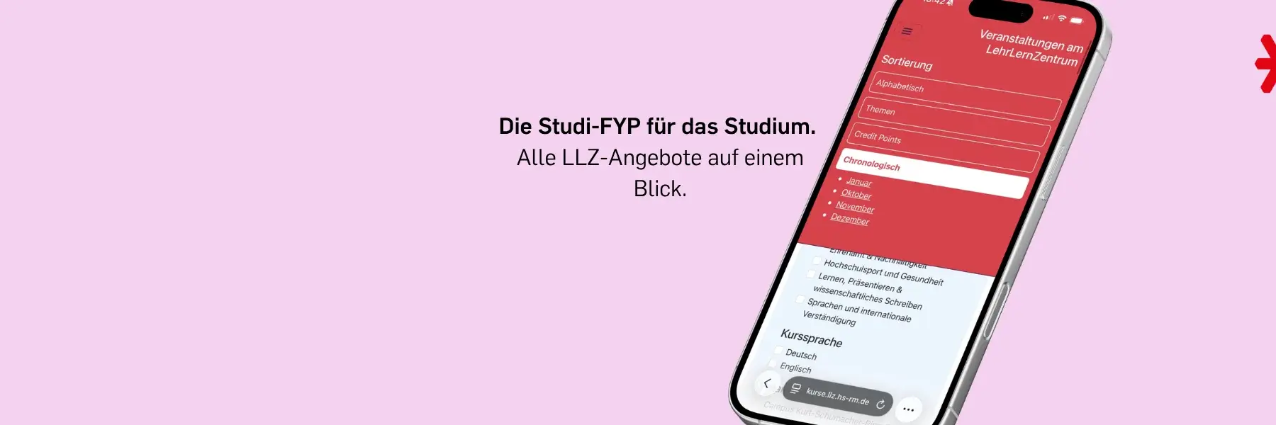 Ein Smartphone zeigt eine App namens "Studil-FYP", die zahlreiche Bildungsangebote für Studierende übersichtlich darstellt. Der Hintergrund ist rosa. Der Text informiert darüber, dass alle Angebote auf einen Blick verfügbar sind.