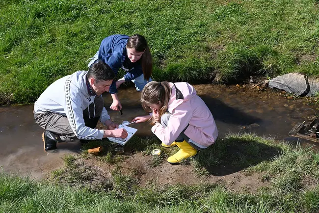 Teilnehmerinnen am Girls’Day 2026 knien am Ufer eines kleinen Baches und untersuchen Wasserproben.