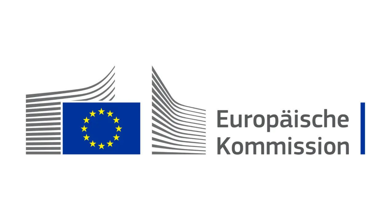 Logo der Europäischen Kommission: Stilisiertes Gebäude mit dem EU-Flagge und dem Schriftzug "Europäische Kommission". Symbolisiert die institutionelle Identität der EU.