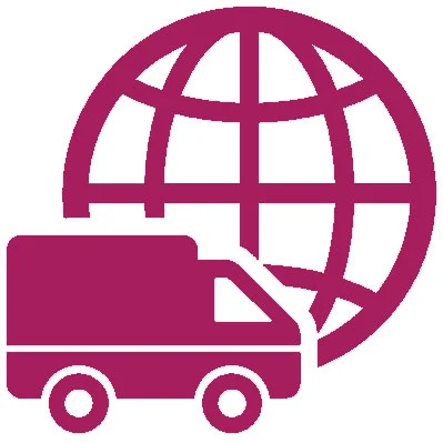 Ein Lkw, der vor einem stilisierten Globus dargestellt ist, symbolisiert globalen Transport oder Lieferung.