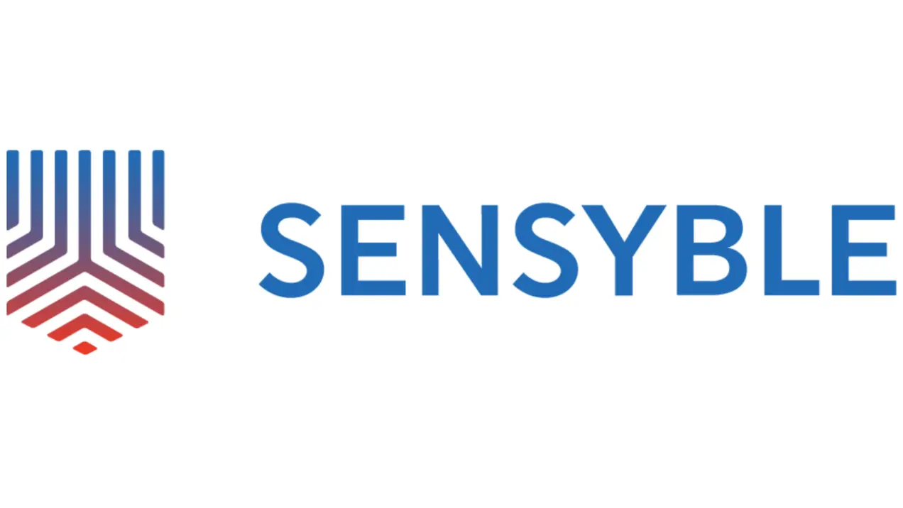 Das Bild zeigt das Logo von Sensyble. Es besteht aus einer stilisierten Farbmarkierung über dem Schriftzug "SENSYBLE", der in blauer Schrift gehalten ist. Die Farbmarkierung zeigt Linien in verschiedenen Farbtönen, die nach unten verlaufen.