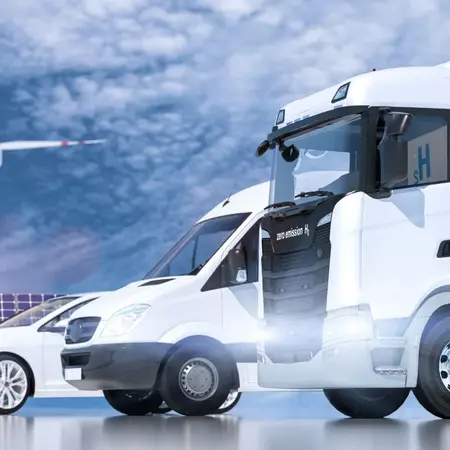 E-Lkw, E-Transporter und E-Pkw mit Windrädern und Photovoltaik im Hintergrund
