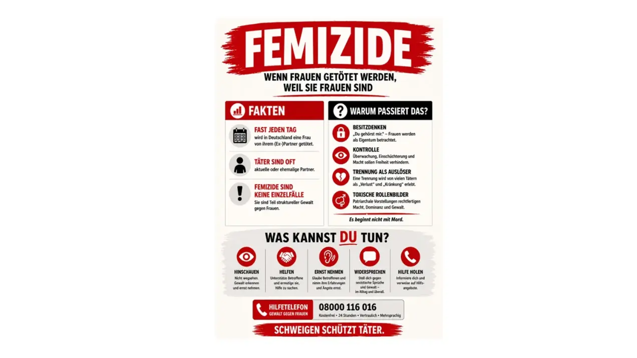 Das Bild enthält Informationen zu Femiziden, darunter Fakten und Hinweise, wie man helfen kann. Es hebt die Dringlichkeit des Themas hervor und bietet Kontaktinformationen für Unterstützung. Die Überschrift "FEMIZIDE" ist deutlich sichtbar, und es sind Handlungsmöglichkeiten aufgeführt.