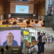Das Bild zeigt eine Veranstaltungsumgebung mit verschiedenen Szenen: eine Präsentation auf einer Leinwand, Teilnehmer im Austausch an Ständen, eine Gruppe von Menschen und ein moderner Bus, der vor einem Gebäude steht. Die Atmosphäre ist lebhaft und informativ.