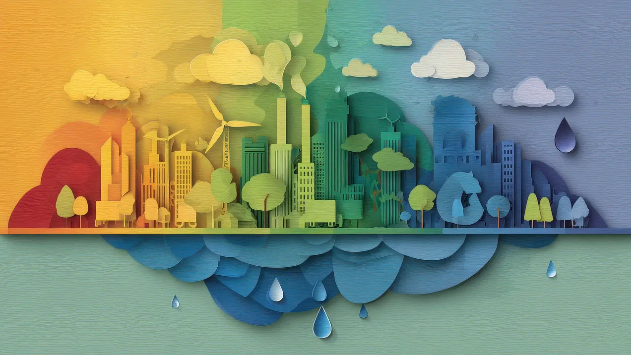 Eine farbenfrohe Illustration, die eine Stadt mit grünen Bäumen und Windrädern auf der linken Seite zeigt, während die rechte Seite in Blau gehalten ist und Tropfen von Wasser darstellt. Oben sind Wolken dargestellt, die die Verbindung zwischen Technologie und Natur verdeutlichen.