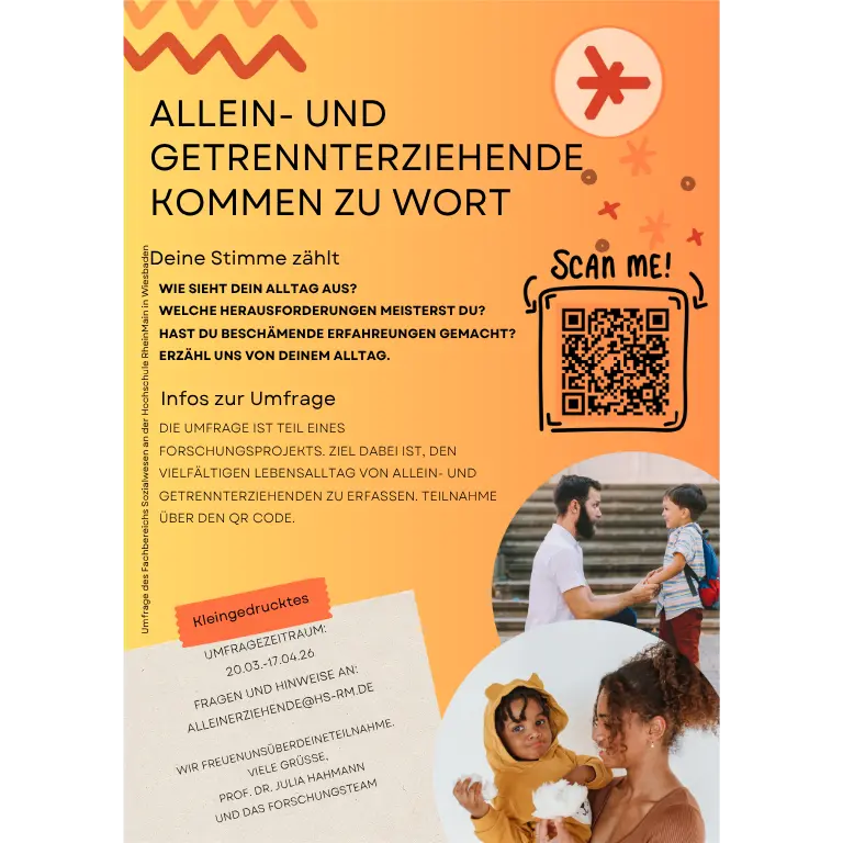 Ein Informationsblatt zur Umfrage für alleinerziehende und getrennt lebende Eltern. Es fordert zur Teilnahme auf und beinhaltet einen QR-Code zur weiteren Information. Das Design nutzt fröhliche Farben und grafische Elemente, um die Aufmerksamkeit zu gewinnen.
