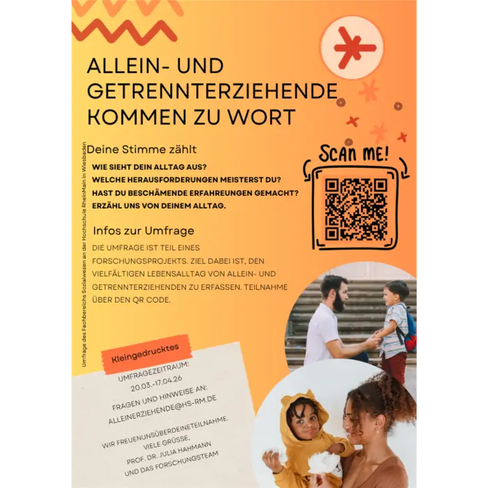 Ein Informationsblatt zur Umfrage für alleinerziehende und getrennt lebende Eltern. Es fordert zur Teilnahme auf und beinhaltet einen QR-Code zur weiteren Information. Das Design nutzt fröhliche Farben und grafische Elemente, um die Aufmerksamkeit zu gewinnen.