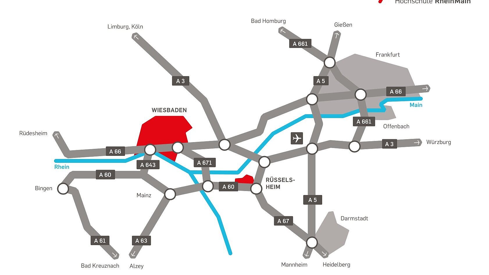 Kartenausschnitt mit Campus der Hochschule RheinMain in Wiesbaden und Rüsselsheim