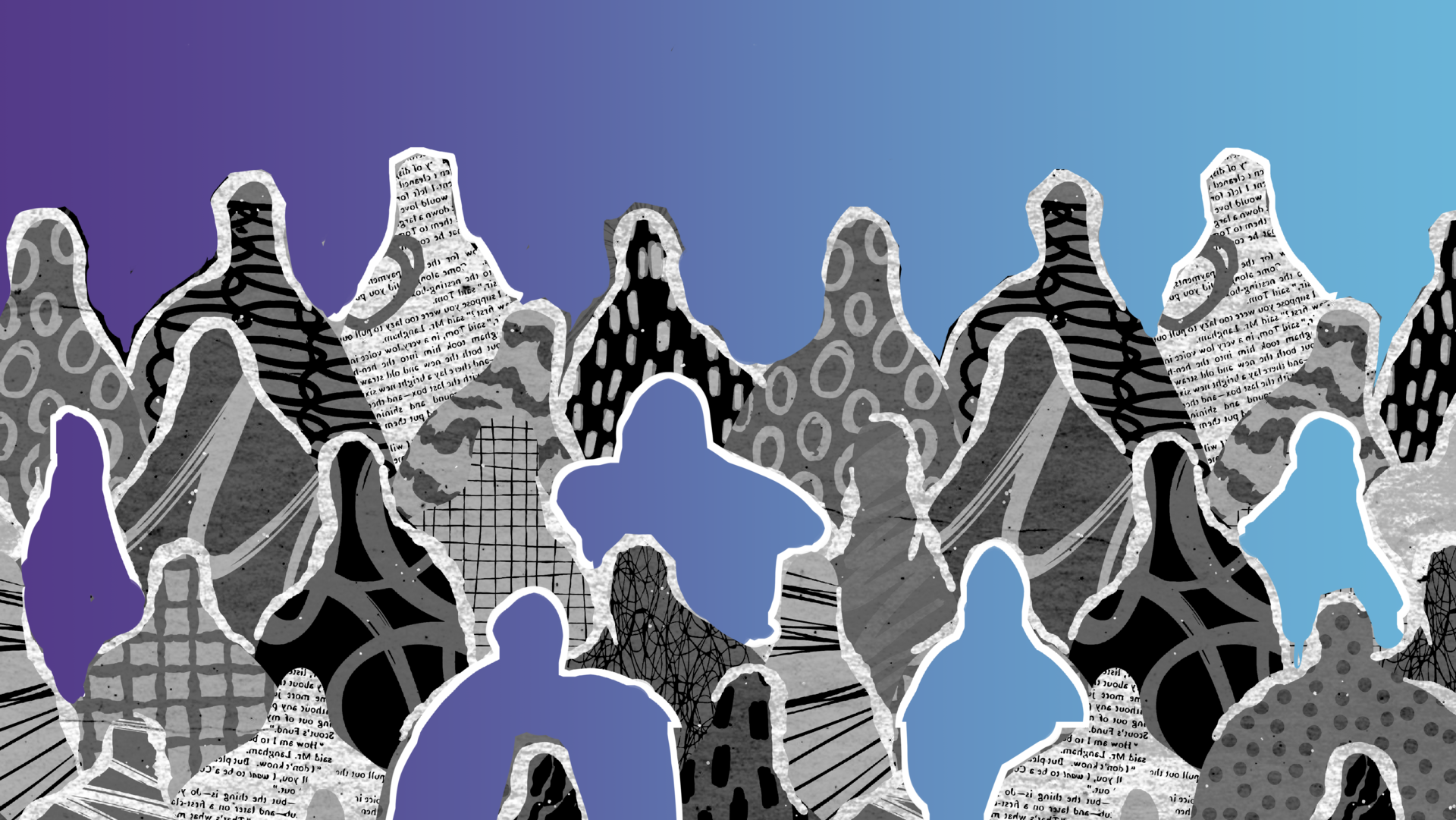 Abstrakte Cartoon Darstellung von einer Menschenmenge. Die Menschen sin schwarz-weiß, während der Hintergrund ein Verlauf zwischen Blau und Violett ist.