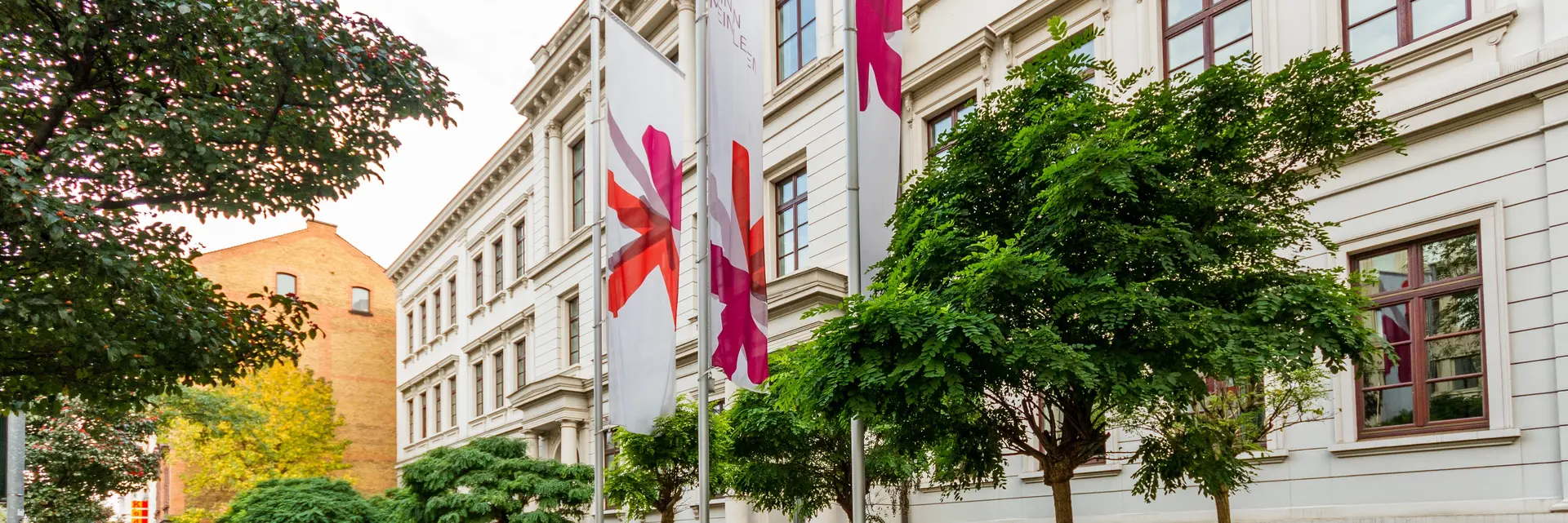 Wiesbaden, Bleicherstraße mit Flaggen der Hochschule RheinMain