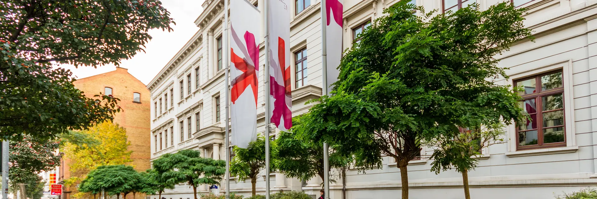 Wiesbaden, Bleicherstraße mit Flaggen der Hochschule RheinMain