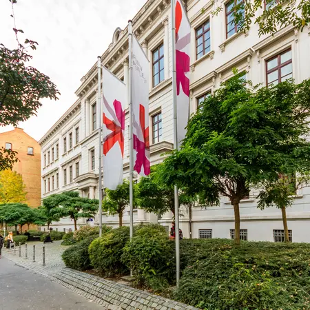 Wiesbaden, Bleicherstraße mit Flaggen der Hochschule RheinMain