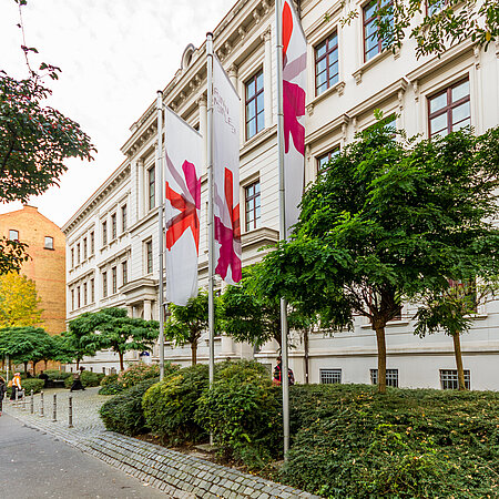 Wiesbaden, Bleicherstraße mit Flaggen der Hochschule RheinMain