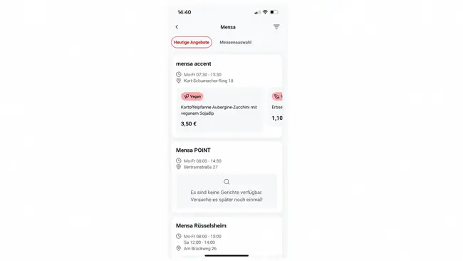 Screenshot einer App mit Auswahlmöglichkeiten für Mensa-Angebote. Es zeigt Öffnungszeiten und Standorte von drei Mensas, darunter "mensas accent" und "mensas POINT", sowie Hinweise zu verfügbaren Gerichten und Preisen.