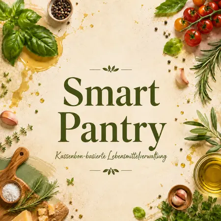 Das Bild zeigt den Schriftzug "Smart Pantry" in eleganter Schriftart, umgeben von frischen Kräutern, Tomaten, Knoblauch und Olivenöl. Darunter steht "Kassenbon-basierte Lebensmittelverwaltung", das Konzept eines intelligenten Systems zur Verwaltung von Lebensmitteln.