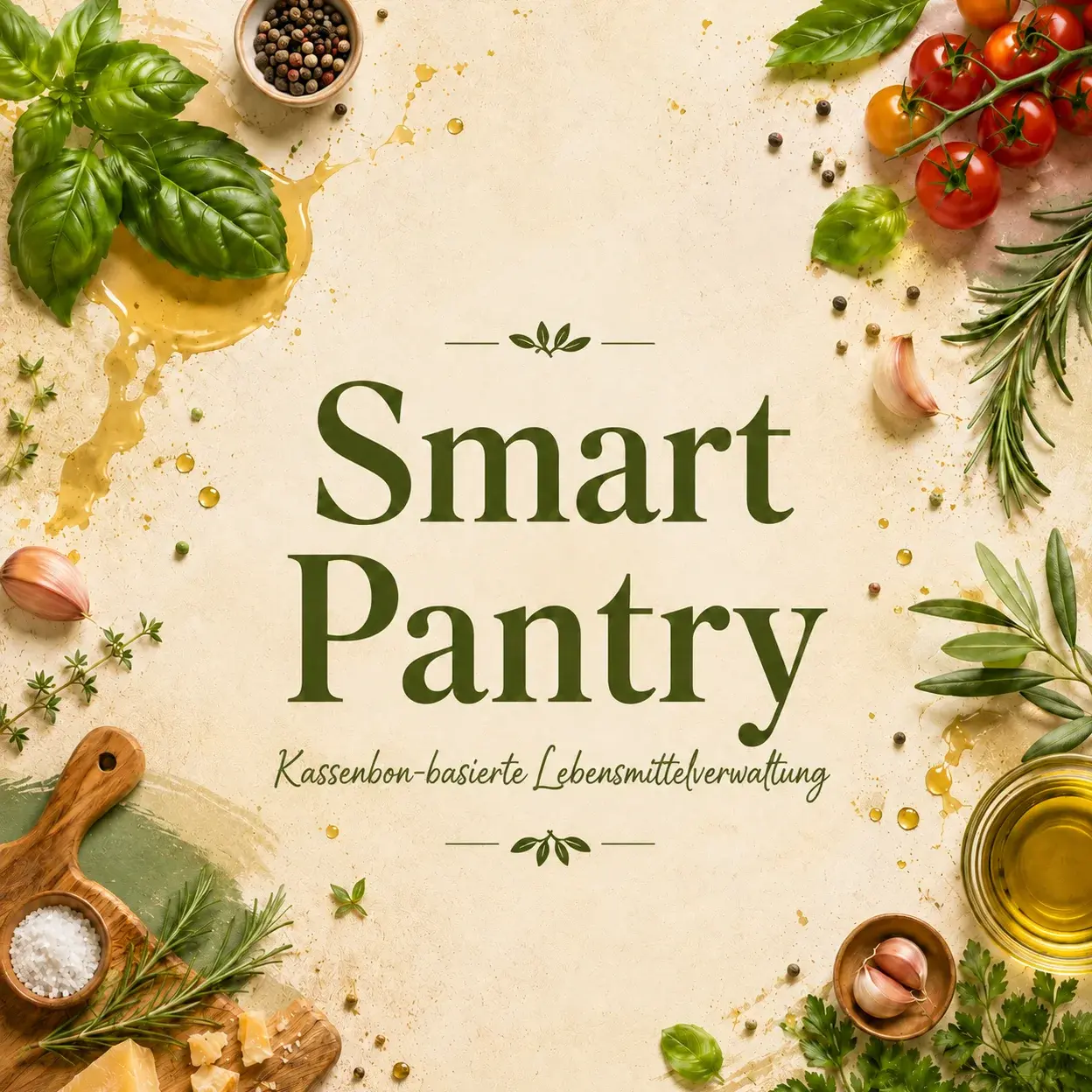 Das Bild zeigt den Schriftzug "Smart Pantry" in eleganter Schriftart, umgeben von frischen Kräutern, Tomaten, Knoblauch und Olivenöl. Darunter steht "Kassenbon-basierte Lebensmittelverwaltung", das Konzept eines intelligenten Systems zur Verwaltung von Lebensmitteln.