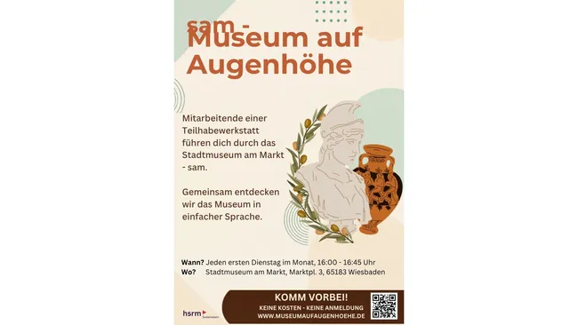 Alternativtext: Die Einladung zu einer Veranstaltung im Stadtmuseum Wiesbaden, bei der Mitarbeiter inklusive Führungen anbieten. Es findet jeden ersten Dienstag im Monat von 16:00 bis 16:45 Uhr statt. Die Kommunikation ist in einfacher Sprache gestaltet, um allen Teilnehmern zu helfen.