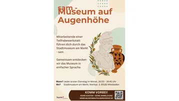 Alternativtext: Die Einladung zu einer Veranstaltung im Stadtmuseum Wiesbaden, bei der Mitarbeiter inklusive Führungen anbieten. Es findet jeden ersten Dienstag im Monat von 16:00 bis 16:45 Uhr statt. Die Kommunikation ist in einfacher Sprache gestaltet, um allen Teilnehmern zu helfen.