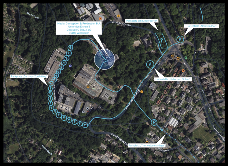 Campus map "Unter den Eichen" with marked car parks.