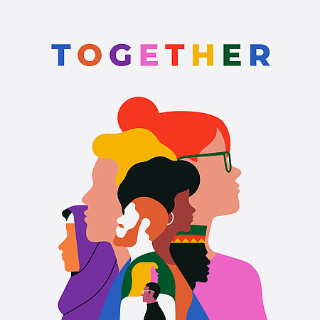 Diverse Figuren in verschiedenen Farben übereinander gelagert, oben darüber Schriftzug "Together"