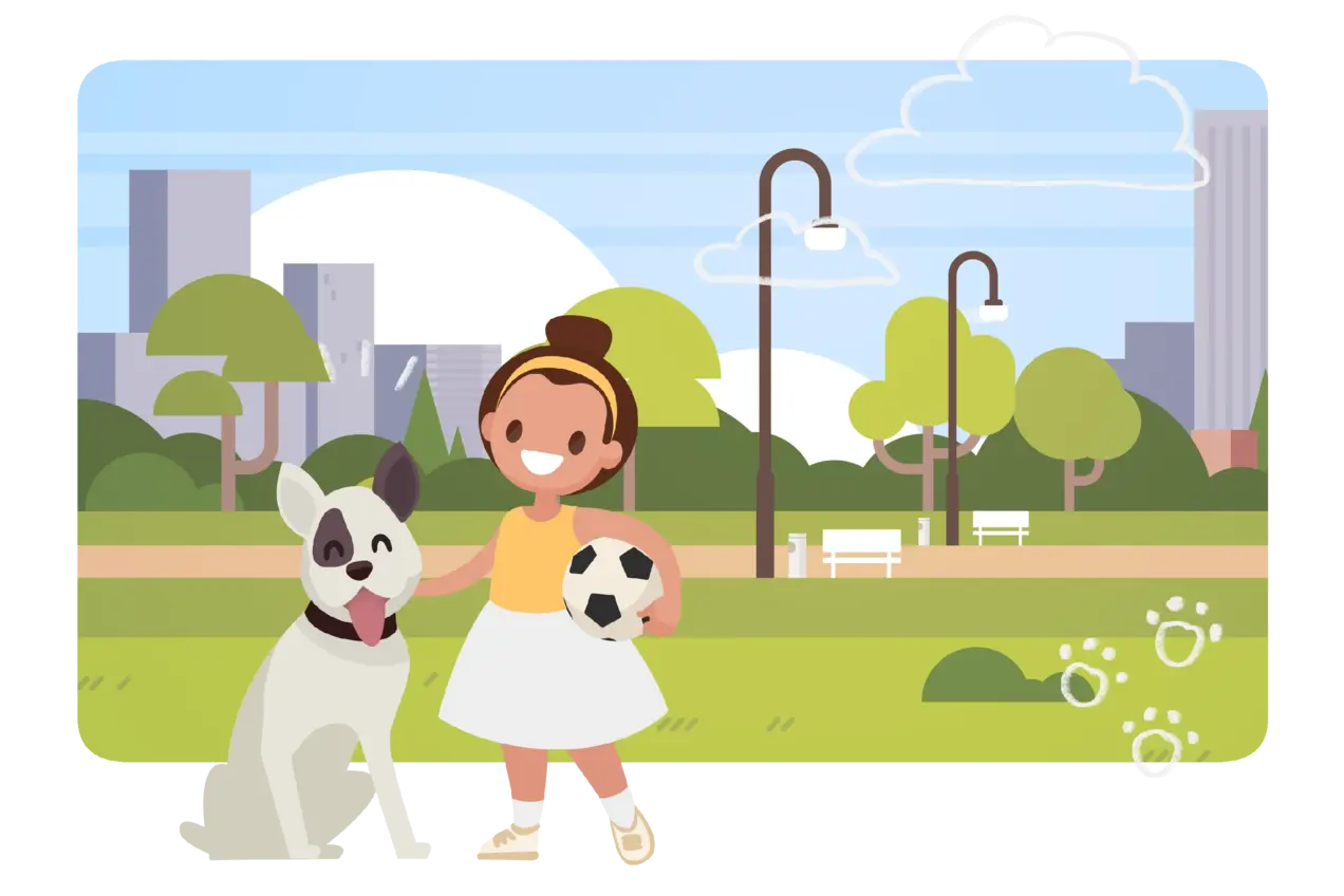 Vektorillustration von einem Kind mit einem Hund vor einem Park 