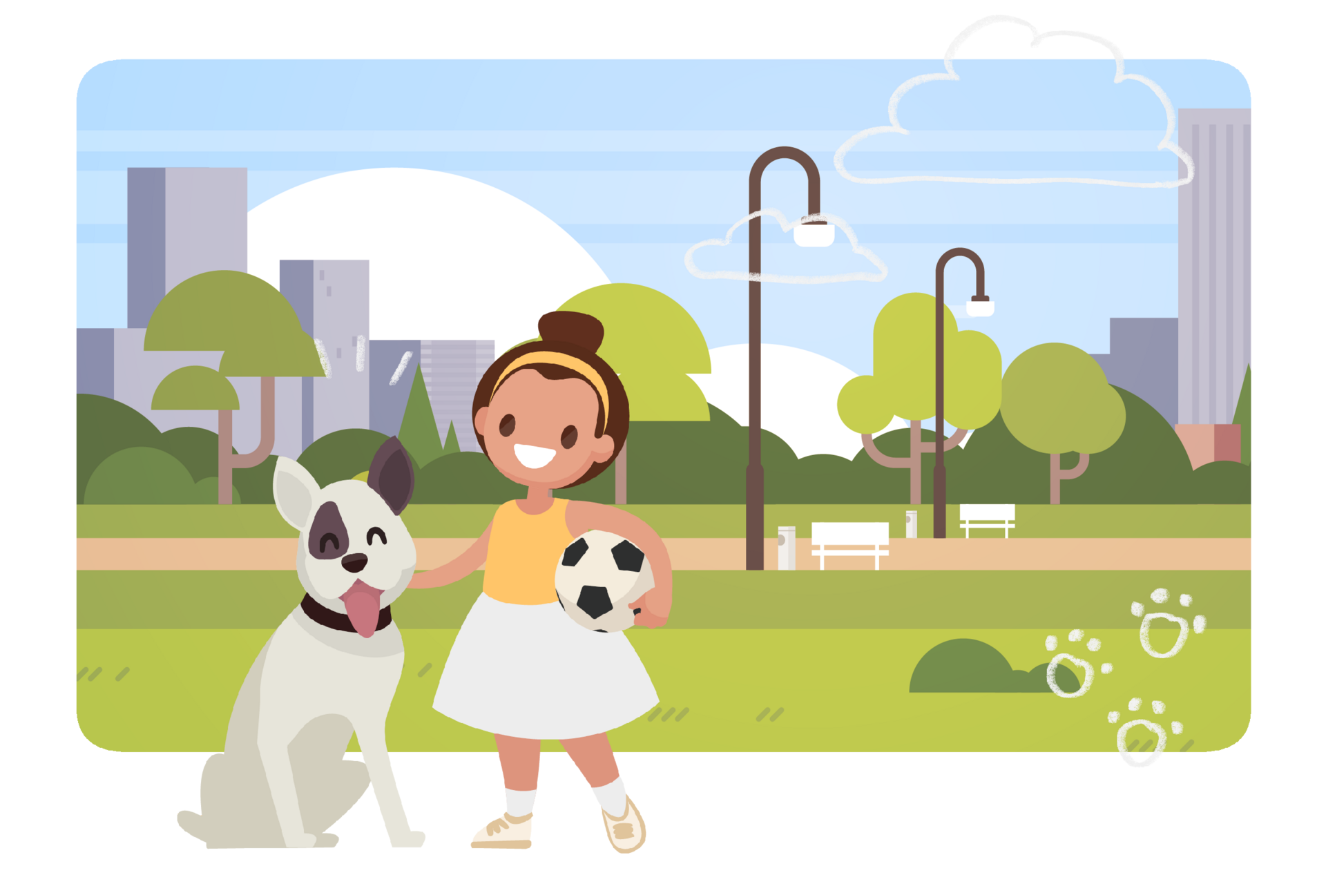Vektorillustration von einem Kind mit einem Hund vor einem Park 