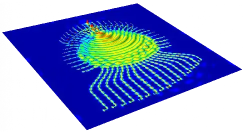 Das Bild zeigt eine 3D-Darstellung von Wellenbewegungen mit bunten, konzentrischen Mustern in Gelb, Grün und Blau auf einem tiefblauen Hintergrund. Die Wellenlinien strahlen von einem zentralen Punkt aus und verlaufen in verschiedene Richtungen.
