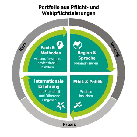 Kreisgrafik zu den Inhalten des Zertifikatsprogramms Studium International