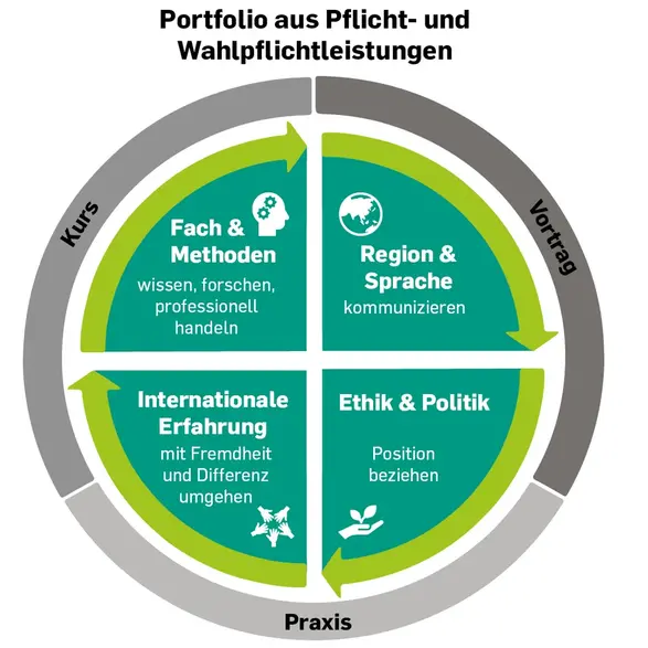 Kreisgrafik zu den Inhalten des Zertifikatsprogramms Studium International