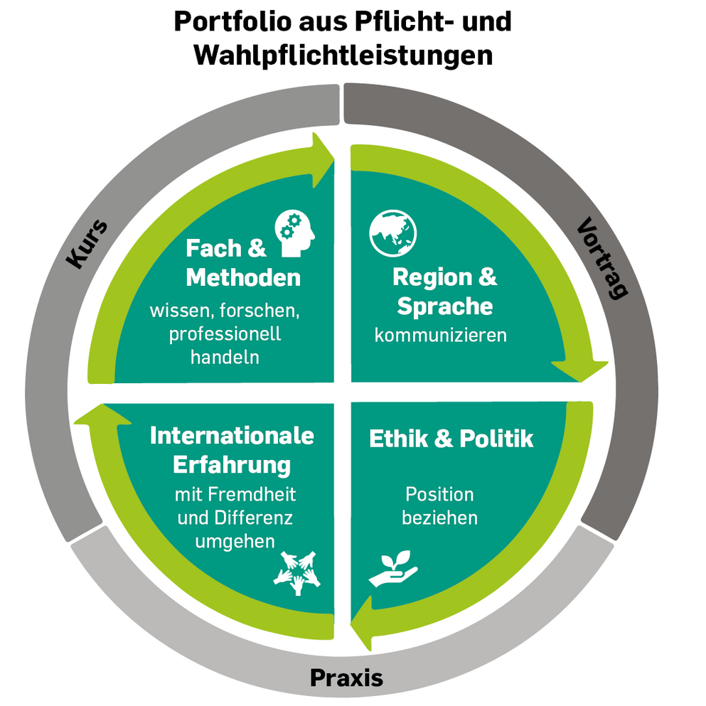 Kreisgrafik zu den Inhalten des Zertifikatsprogramms Studium International