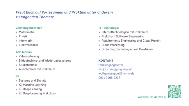 Die Grafik informiert über Vorlesungen und Praktika zu Themen wie Mathematik, Informatik, Videotechnik, Machine Learning und Software Engineering. Kontaktdaten eines Studiengangsleiters sind ebenfalls angegeben.
