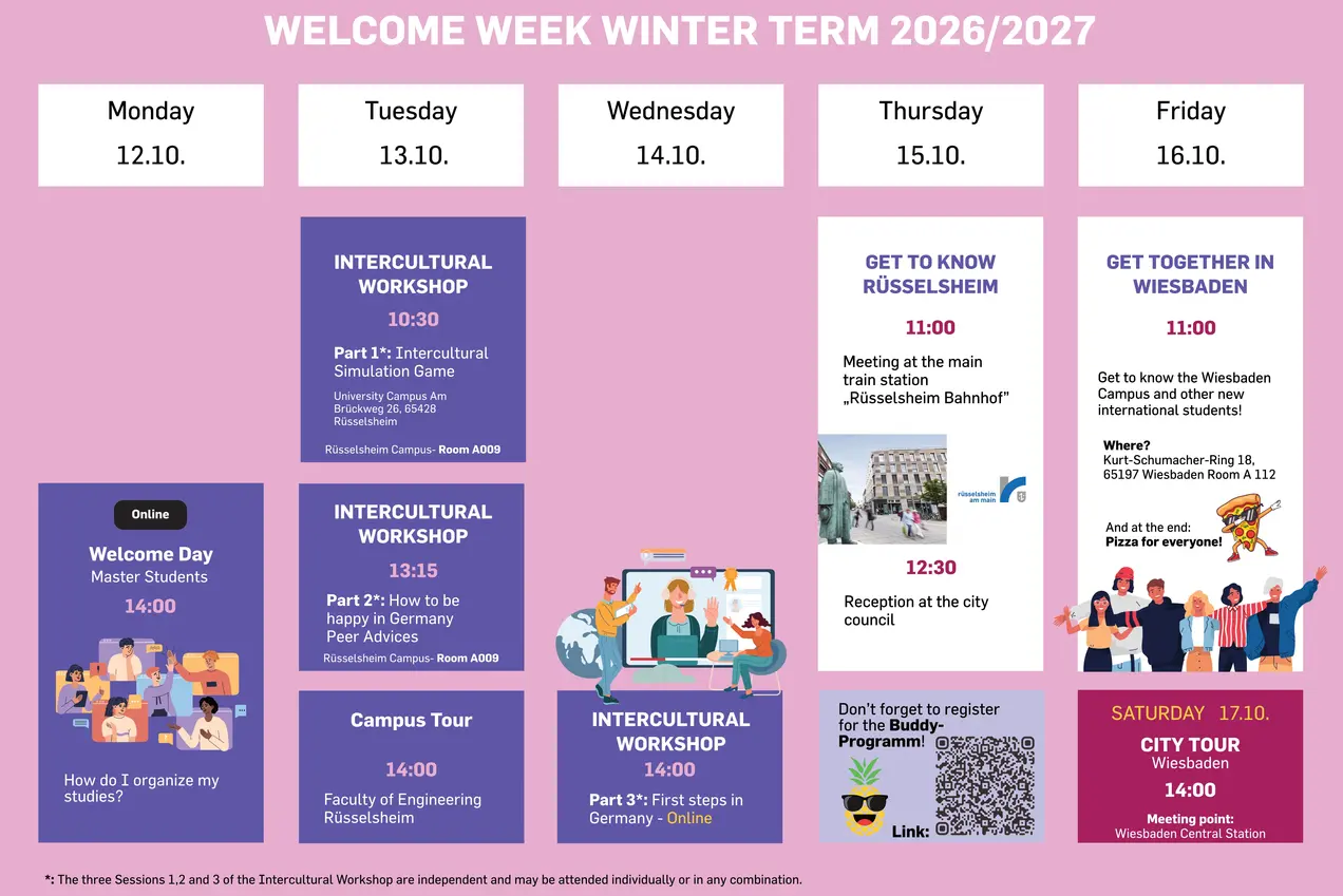 Willkommen zur Wintersemester 2026/2027. Übersicht der Veranstaltungen: Interkulturelle Workshops, Campus Tour und Treffen in Wiesbaden. Wichtige Termine sind: 12.10. Welcome Day, 13.10. Interkulturelle Workshops, 15.10. Get Together in Wiesbaden. QR-Code für weitere Infos ist enthalten.