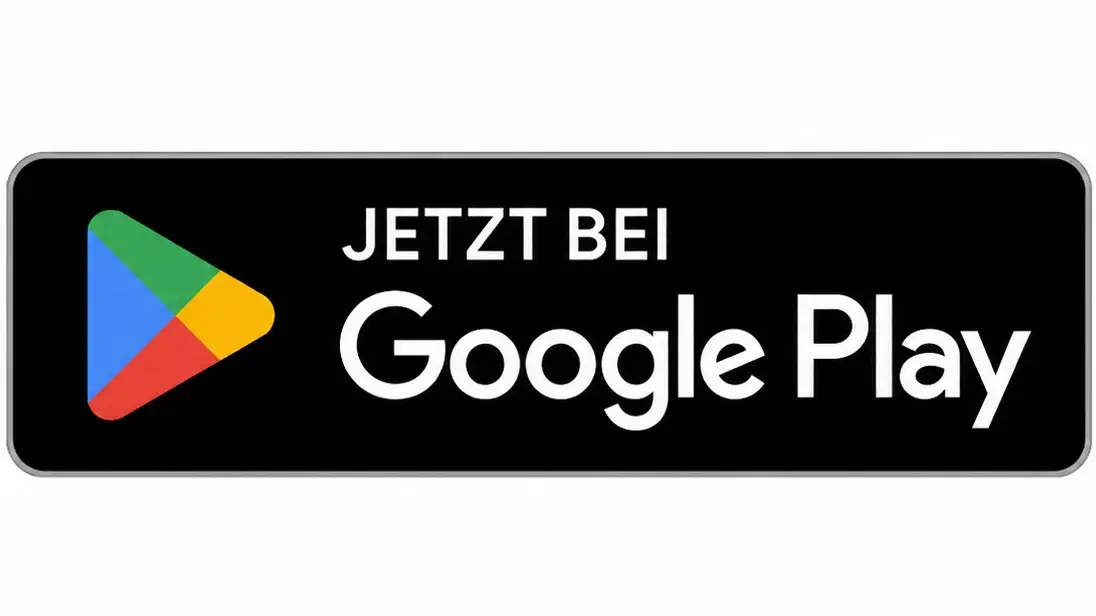 Schwarzes Banner mit dem Text "JETZT BEI Google Play" und einem bunten Play-Button (grün, blau, rot, gelb) auf der linken Seite.