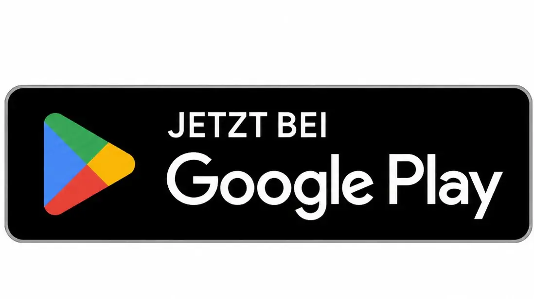 Schwarzes Banner mit dem Text "JETZT BEI Google Play" und einem bunten Play-Button (grün, blau, rot, gelb) auf der linken Seite.