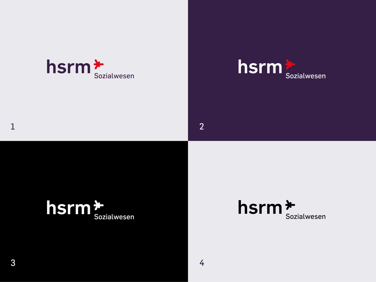 Das Bild zeigt vier Farbvarianten des Logos des Fachbereichs Sozialwesen der Hochschule RheinMain.