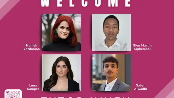 Das Bild zeigt eine Begrüßung mit dem Titel "WELCOME" in großen Buchstaben. Darunter befinden sich vier Porträts von Personen: Hanieh Yazdanjoo, Glen Martin Kipkemboi, Luna Kämpfer und Saber Alwadhi. Am unteren Rand steht "TUTOR:INNEN". Ein QR-Code ist ebenfalls sichtbar.