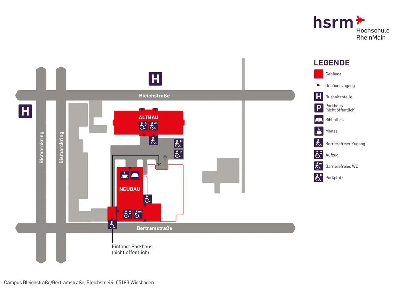 Schematische Darstellung des Campus Bleichstraße/Bertramstraße der Hochschule RheinMain