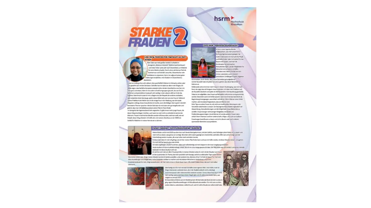 Eine Informationsseite mit dem Titel "Starke Frauen 2". Der Text beschreibt das Engagement und die Erfolge von Frauen in verschiedenen Bereichen. Es sind auch Bilder und Zitate von Frauen abgebildet, die ihre Erfahrungen teilen und inspirieren.