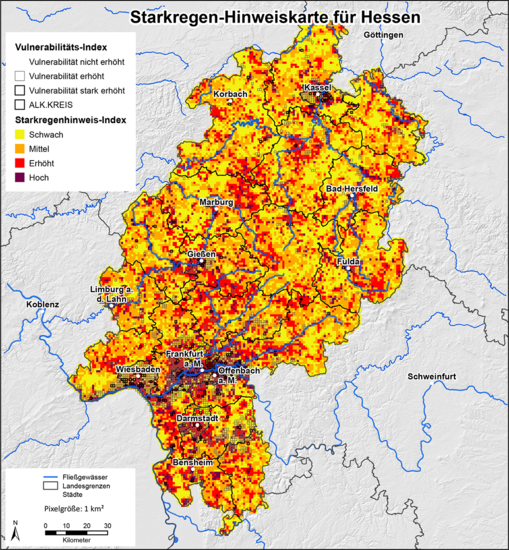 Karte zeigt die hessenweite Verteilung des Starkregenrisikos. © HLNUG