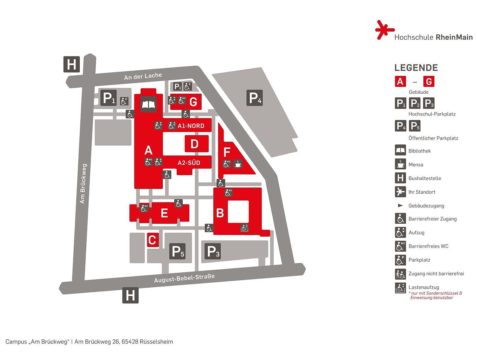 Kartenausschnitt mit Campusgebäuden der Hochschule RheinMain in Rüsselsheim