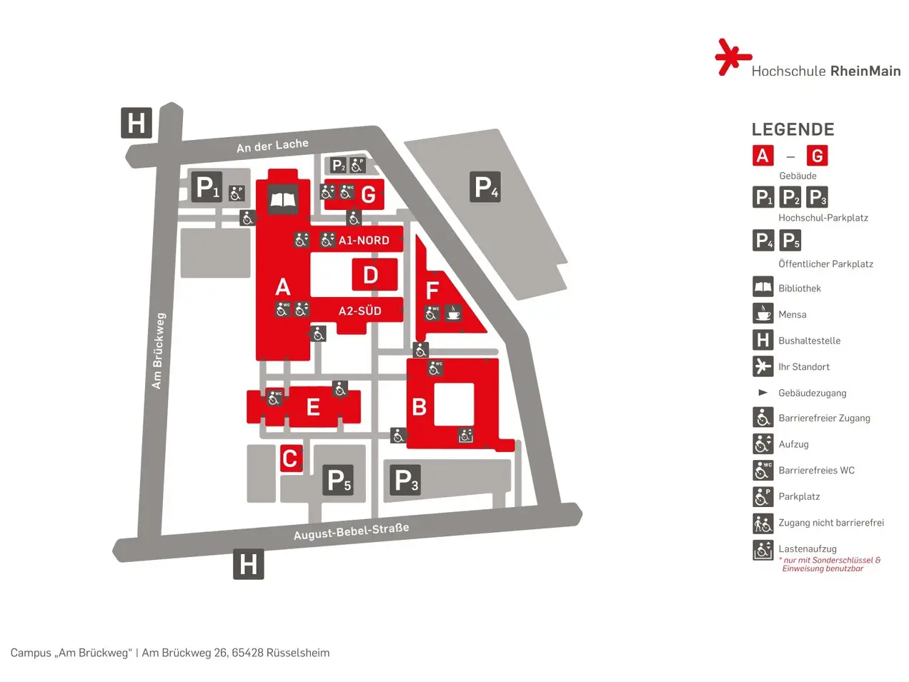 Kartenausschnitt mit Campusgebäuden der Hochschule RheinMain in Rüsselsheim
