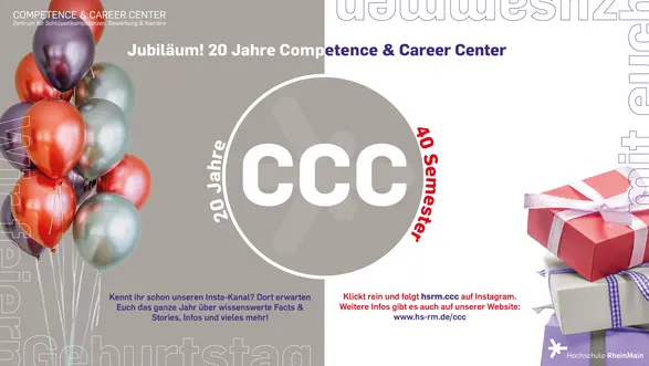 Luftballons und Geschenke umrahmen den Schriftzug 20 Jahre CCC, 40 Semester