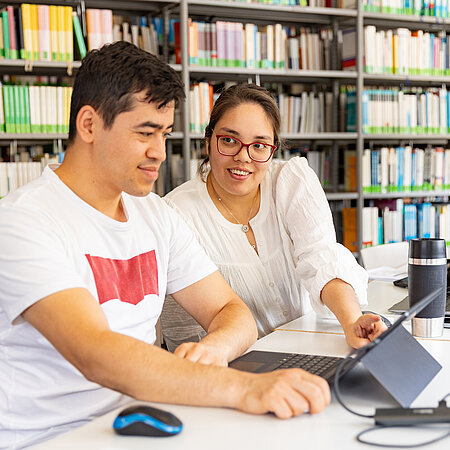 Suche nach Alternativen Zwei junge Menschen sitzen vor einem Laptop