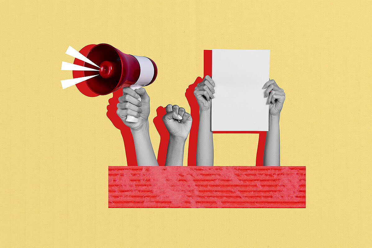 Illustration, die eine Hand mit Megafon, eine zur Faust geballte Hand sowie zwei Hände zeigt, die ein weißes Blatt Papier in die Höhe halten